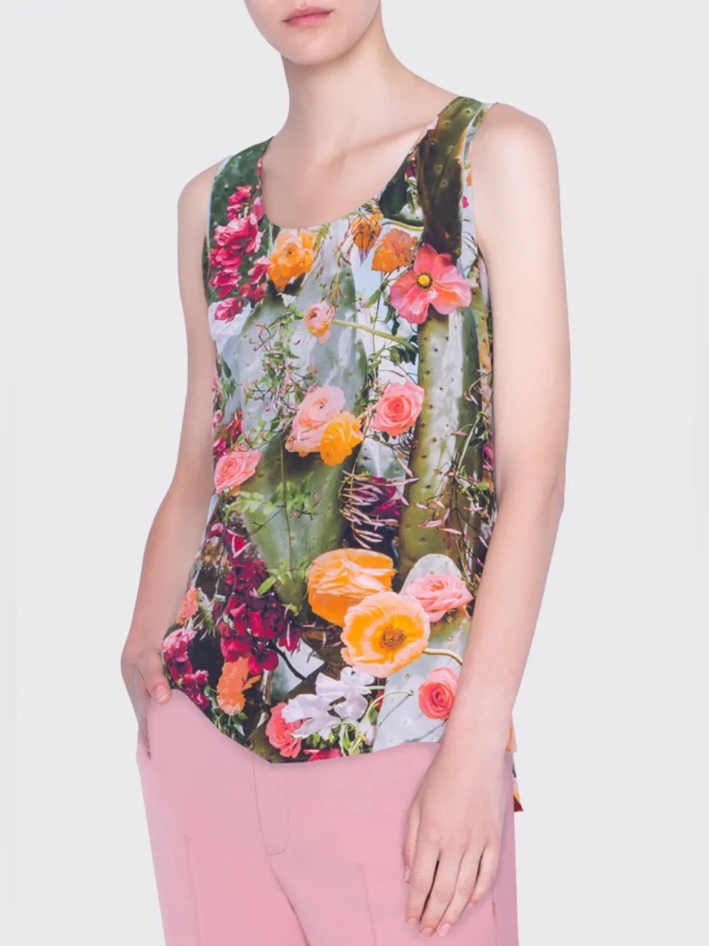 Akris Punto Multicolor Floral & Cactus Print Silk Camisole